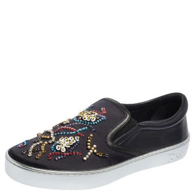 Pre-owned Dior Navy Blue/black Satin And Leather Crystal Embellished Slip On Sneakers Size 39