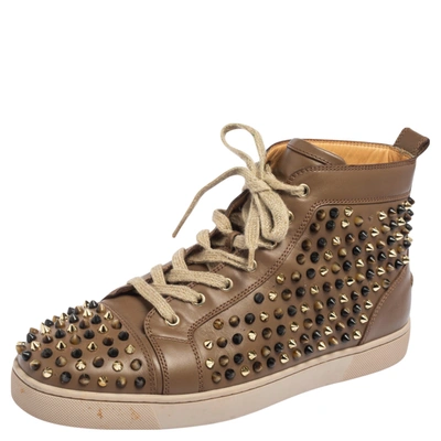 Pre-owned Christian Louboutin Brown Leather Louis Spikes High Top Sneakers Size 44