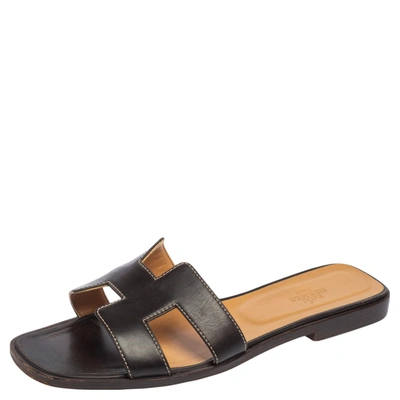 Pre-owned Hermes Herm&egrave;s Chocolate Brown Leather Oran Flat Slides Size 39