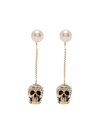 Alexander Mcqueen Golden Skull Pave Earrings In Grey