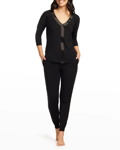 Fleur't Satin-trim Jersey Pajama Set In Black