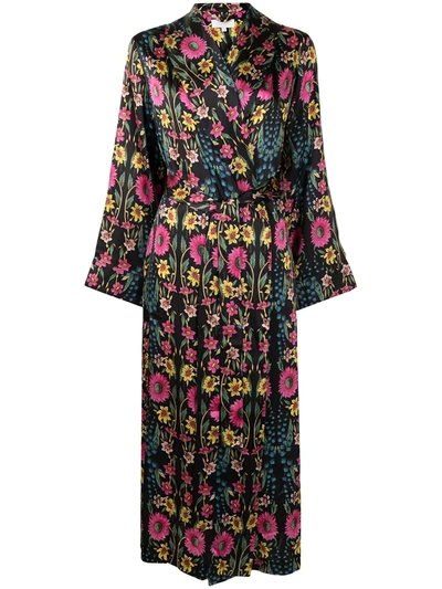 Yolke Wildflower-print Silk Dressing Gown In 黑色