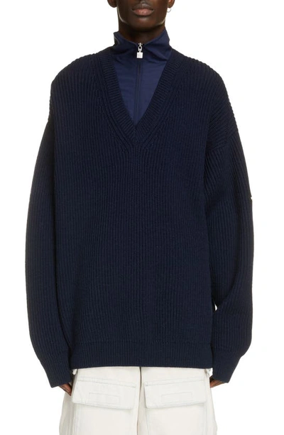 Balenciaga Layered Track Rib Wool Sweater In Blue