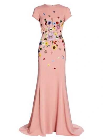 Oscar De La Renta Pressed Flower-embroidered Cap-sleeve Gown In Pink