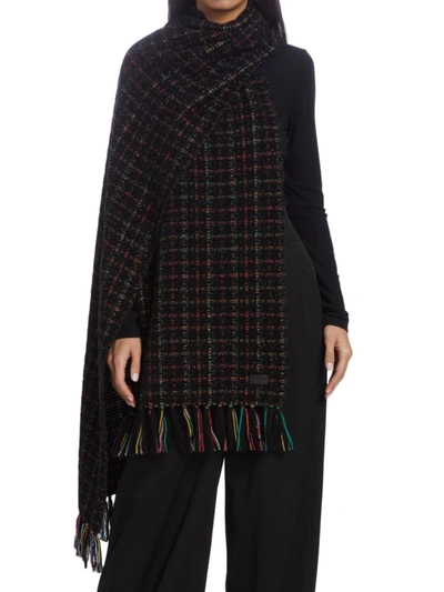Saint Laurent Fringed Checked Metallic Knitted Scarf In Black Multi