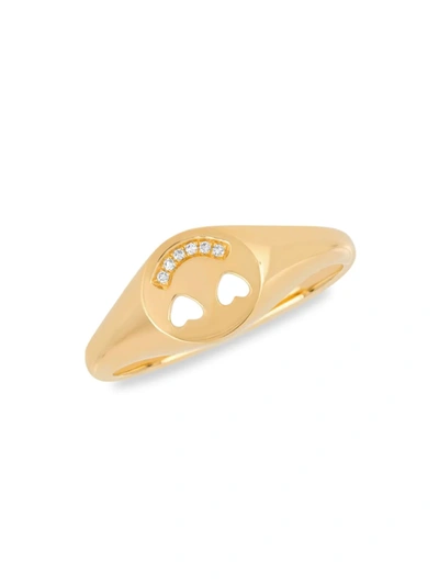 Ef Collection Women's 14k Gold & Diamond Smiley Face Signet Ring