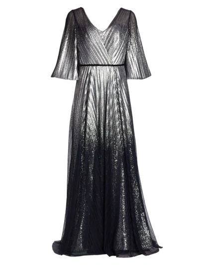 Rene Ruiz Collection Metallic Pleated Gown In Silver Black