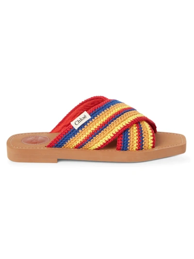 Chloé Woody Crossover Crochet Slides In Multicolor Blue