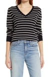 Nordstrom Cashmere Essential V-neck Sweater In Black- Ivory Stripe
