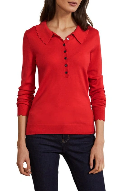 Boden Scalloped Wool Polo Sweater In Cherry Red