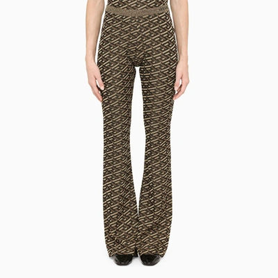 Versace Viscose Blend Flared Trousers  With Monogram Print In Black,gold,brown