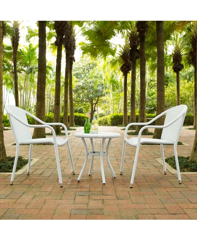 Crosley Palm Harbor 3 Piece Outdoor Wicker Cafe Seating Set - 2 Stacking Chairs And Round Side Table In White