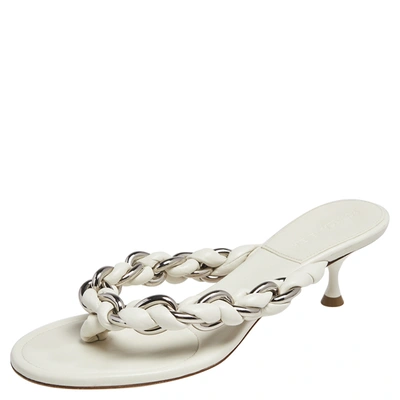 Pre-owned Bottega Veneta Off White Braided Leather & Chain Thong Sandals Size 39