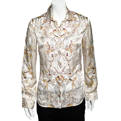 Pre-owned Just Cavalli White Printed Silk Satin Button Front Shirt S