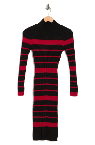 Nina Leonard Stripe Mock Neck Sweater Dress In Black/ Red