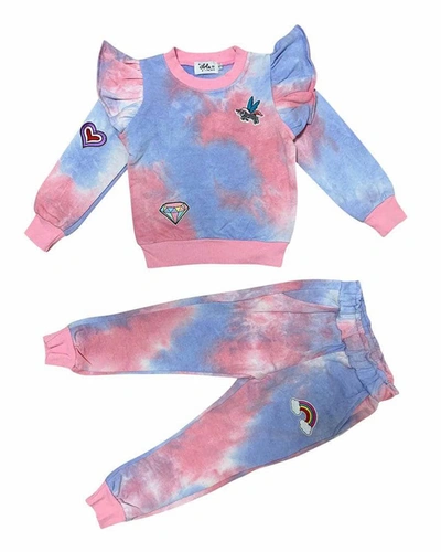 Lola + The Boys Kids' Girl's 2-piece Tie-dye Ruffle Jumper Set W/ Embroidered Patches In Pink