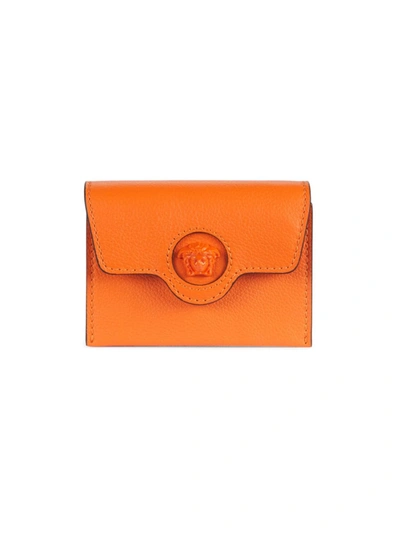 Versace Medusa Leather Accordion Card Case In Tangerine