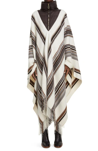 Chloé Quilted Shell-paneled Fringed Striped Cashmere And Silk-blend Poncho In Multi-colour