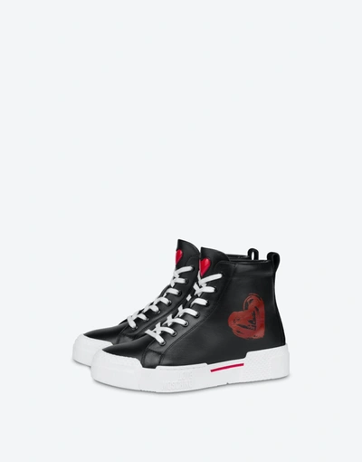 Love Moschino Brushstroke Heart Nappa Leather High Sneakers In Black
