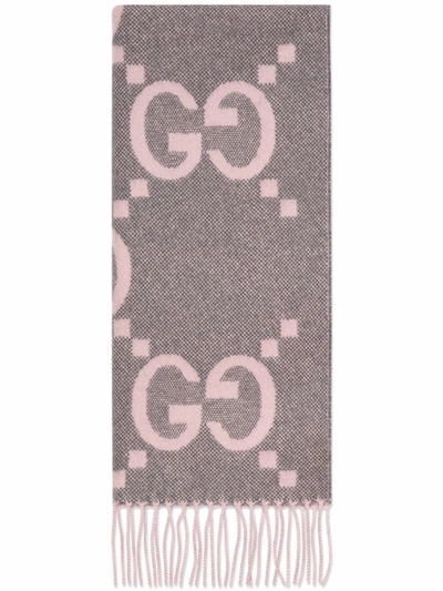 Gucci Grey & Pink Cashmere Jacquard Gg Scarf