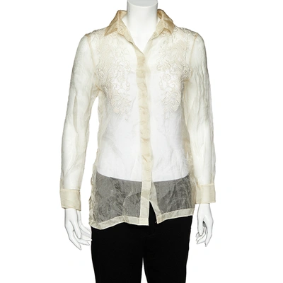 Pre-owned Valentino Cream Embroidered Silk Sheer Shirt M