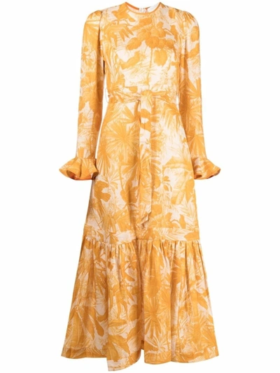 Zimmermann Mae Belted Ruffled Printed Linen Midi Dress In Amber