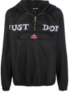 JUST DON BLACK LOGO-PRINT HOODED WINDBREAKER,06AD2B63-5F58-C6A5-4DEA-FFF9FAC0D0E5