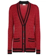 Saint Laurent Striped Metallic Cable-knit Cardigan In Rouge Brillant/noir
