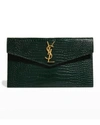Saint Laurent Uptown Medium Ysl Monogram Croc-embossed Clutch Bag In Dark Mint