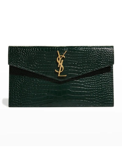 Saint Laurent Uptown Medium Ysl Monogram Croc-embossed Clutch Bag In Dark Mint