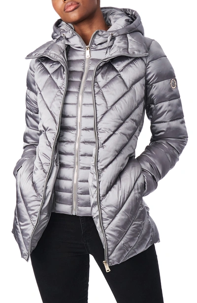 Bernardo Asymmetrical Channel Quilted Jacket With Hooded Bib Inset In Charcoal