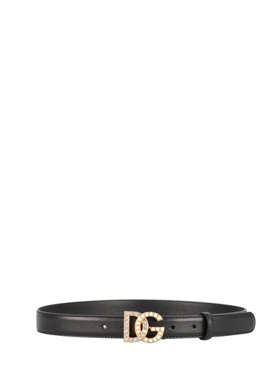 Dolce & Gabbana Leather Belt With Rhinestones And Pearls Logo In Black