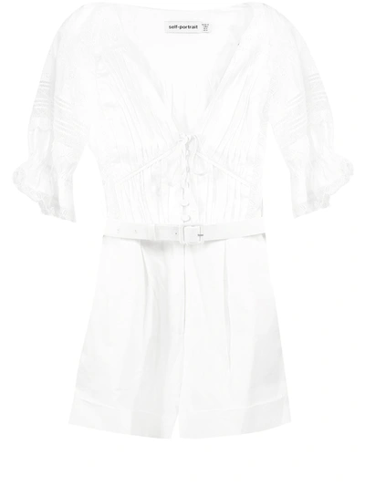 Self-portrait Broderie Anglaise V Neckline Playsuit In White