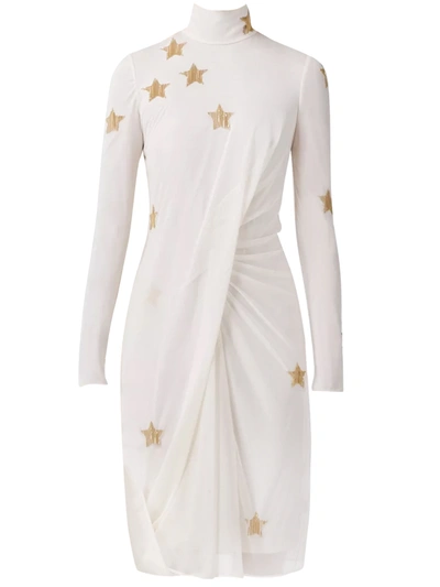 Burberry Ivory Long-sleeve Star Motif Gathered Silk Viscose Dress In White