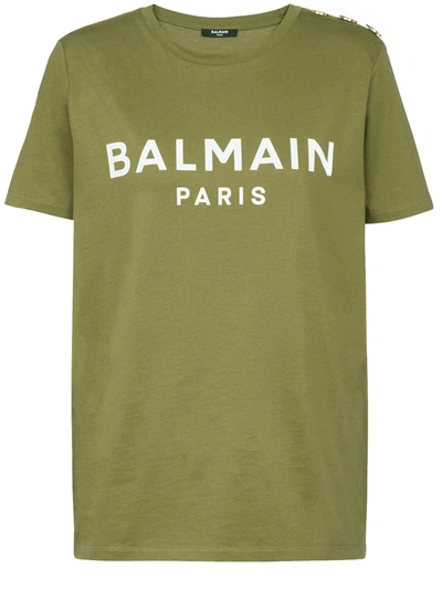 Balmain Green Cotton T-shirt With Logo Print In Brown