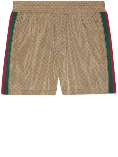 Gucci Slim-fit Mid-length Logo-print Striped Swim Shorts In Brown