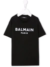 BALMAIN KIDS BLACK T-SHIRT WITH WHITE LOGO PRINT,6P8701-Z0003 930BC