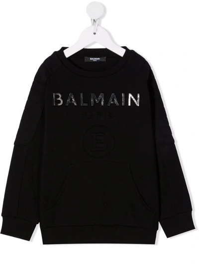 Balmain Black Kids Sweatshirt With Metallic Logo In Black/black