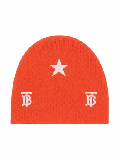 Burberry Kids' Star And Monogram Motif Beanie In Orange