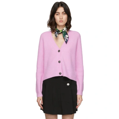 Ganni V-neck Ribbed Wool-blend Cardigan In Pink