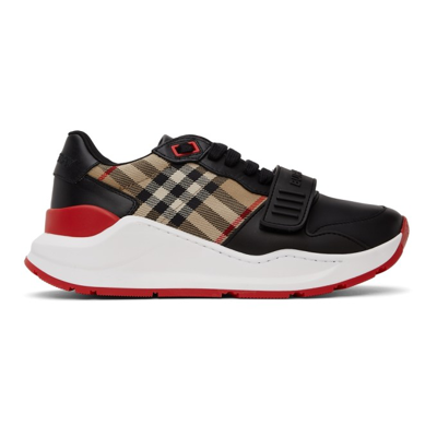Burberry Black Leather Vintage Check Sneakers In Black,beige,red