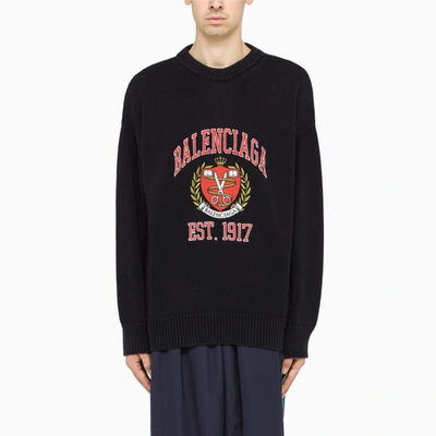 Balenciaga Navy Pullover With College-embroidery In Blue