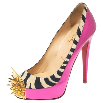 Pre-owned Christian Louboutin Pink Zebra Print Suede And Patent Leather Limited Edition Asteroid Spike Pumps Size 36