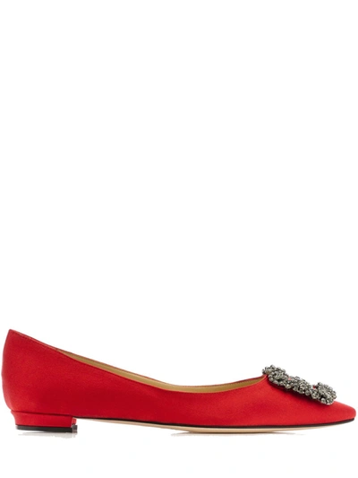 Manolo Blahnik Red Satin Hangsi Flat