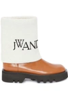 Jw Anderson Fisherman Wool-jacquard Trimmed Glossed-leather Ankle Boots In Brown