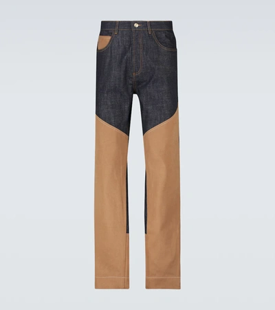 Wales Bonner Essence Twill-panelled Jeans In Bleu & Camel