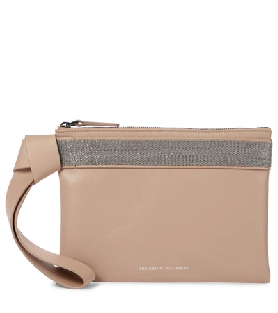 Brunello Cucinelli Embellished Shearling Clutch In Brown Freddo