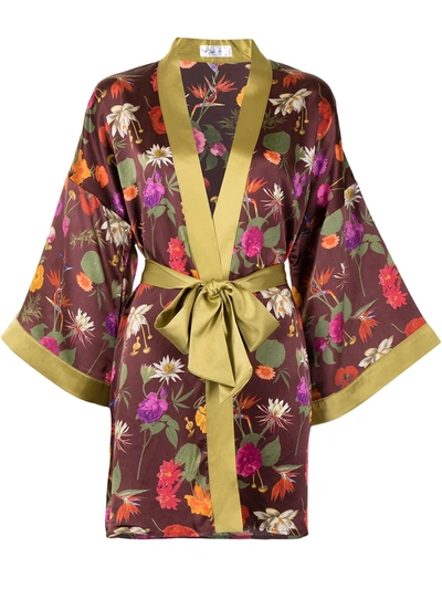 Fred Segal Floral Embroidered Silk Dressing Gown In Purple