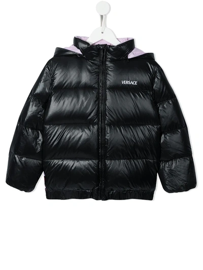 Versace Kids' Embroidered-logo Patterened Puffer Jacket In Black