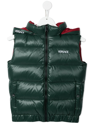 Versace Kids' Embroidered-logo Hooded Padded Gilet In Green